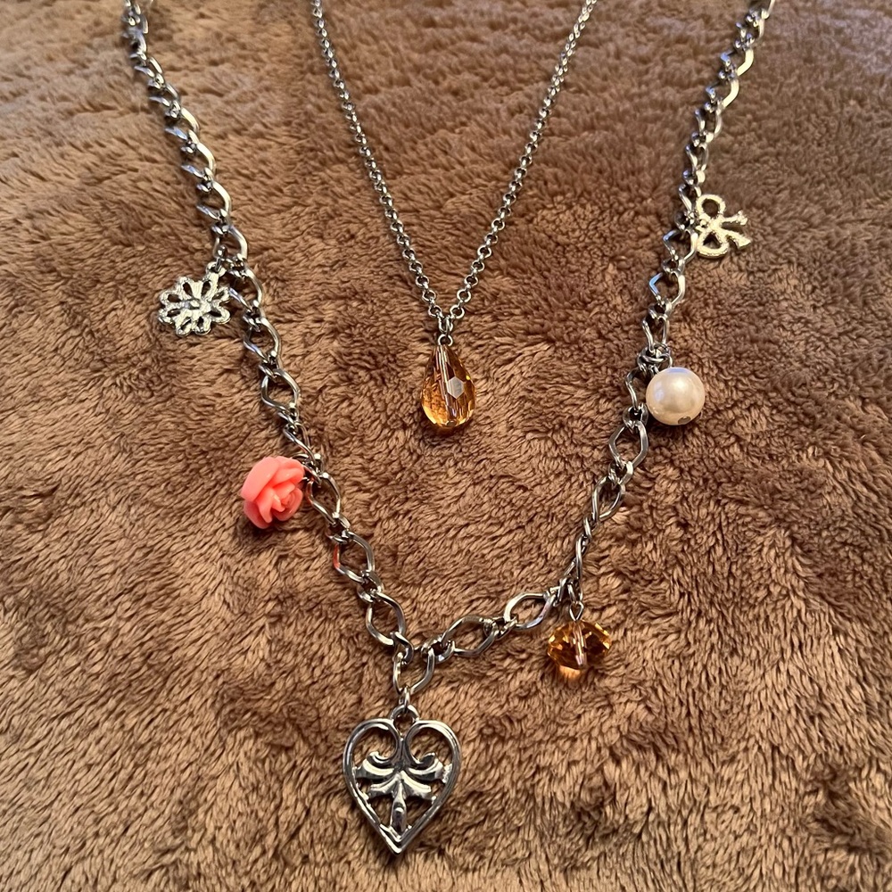 VINTAGE Silver and Pink Layered Charm Necklace | Flower, Heart, Bow, Crystals